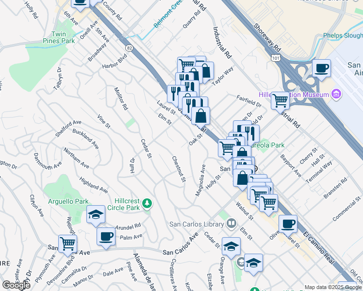 map of restaurants, bars, coffee shops, grocery stores, and more near 304 Elm Street in San Carlos