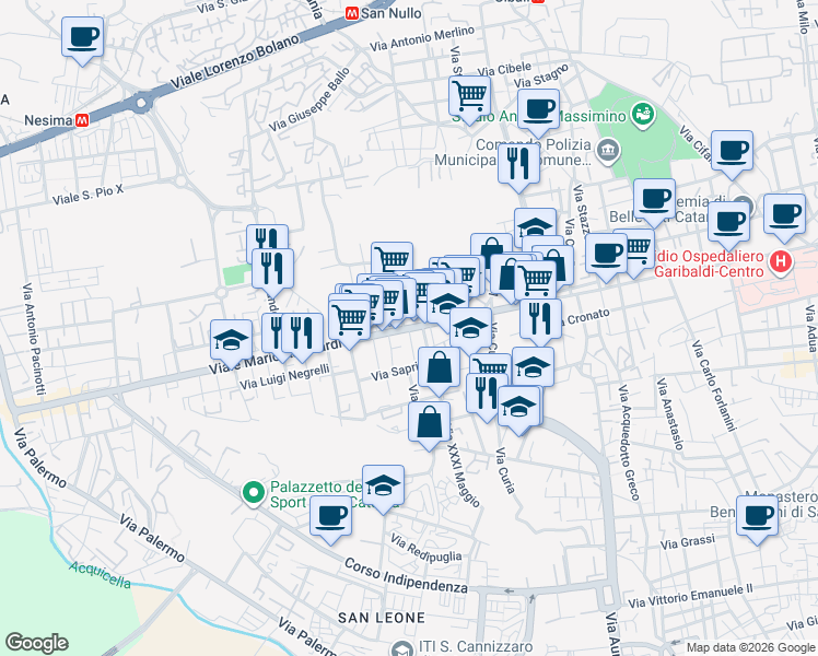 map of restaurants, bars, coffee shops, grocery stores, and more near 284 Viale Mario Rapisardi in Catania