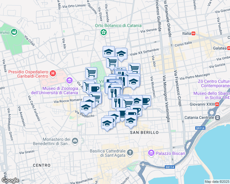map of restaurants, bars, coffee shops, grocery stores, and more near 197 Via Etnea in Catania