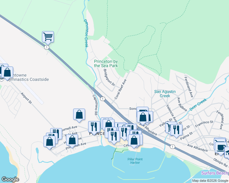map of restaurants, bars, coffee shops, grocery stores, and more near 140 Palm Beach Avenue in El Granada