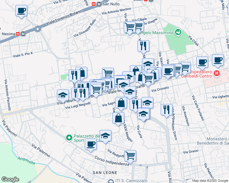 map of restaurants, bars, coffee shops, grocery stores, and more near 284 Viale Mario Rapisardi in Catania