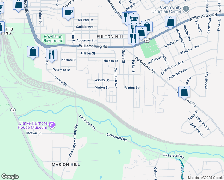 map of restaurants, bars, coffee shops, grocery stores, and more near 1413 Vinton Street in Richmond