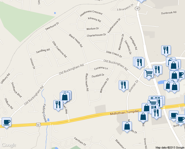 map of restaurants, bars, coffee shops, grocery stores, and more near 12040 Duckbill Drive in Midlothian
