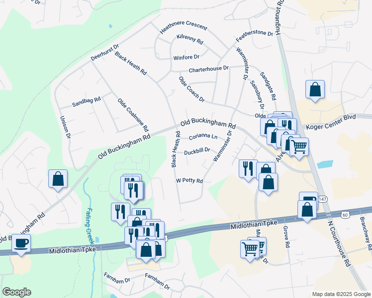 map of restaurants, bars, coffee shops, grocery stores, and more near 12040 Duckbill Drive in Midlothian