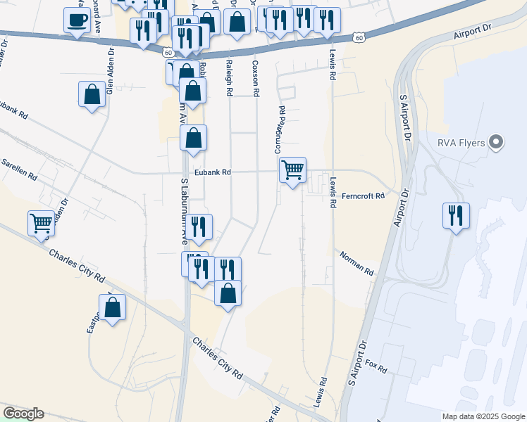 map of restaurants, bars, coffee shops, grocery stores, and more near 5415 Coxson Road in Richmond