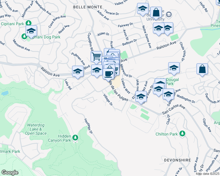 map of restaurants, bars, coffee shops, grocery stores, and more near 2101 Carlmont Drive in Belmont