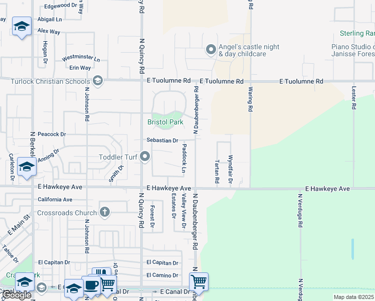 map of restaurants, bars, coffee shops, grocery stores, and more near 1800 Paddock Lane in Turlock