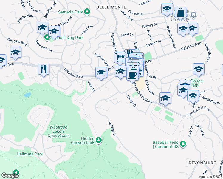 map of restaurants, bars, coffee shops, grocery stores, and more near 2210 Hastings Drive in Belmont