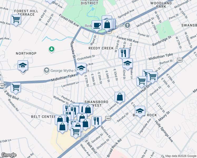 map of restaurants, bars, coffee shops, grocery stores, and more near 24 East 36th Street in Richmond