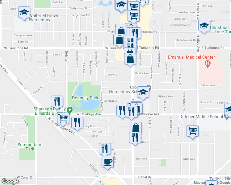 map of restaurants, bars, coffee shops, grocery stores, and more near 221 Wabash Drive in Turlock