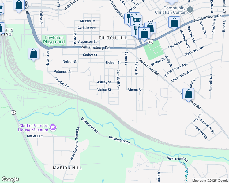 map of restaurants, bars, coffee shops, grocery stores, and more near 1413 Vinton Street in Richmond