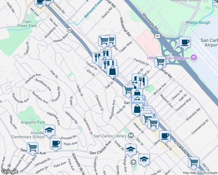 map of restaurants, bars, coffee shops, grocery stores, and more near 364 Laurel Street in San Carlos