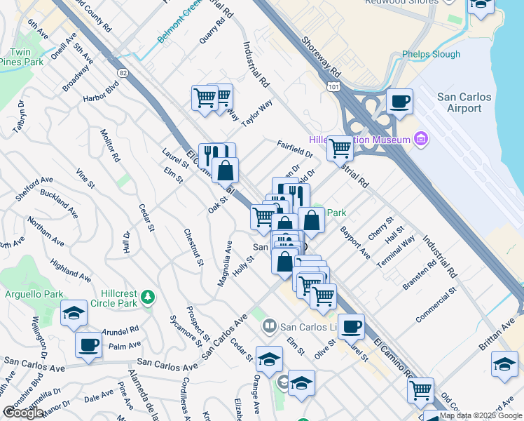 map of restaurants, bars, coffee shops, grocery stores, and more near 333 El Camino Real in San Carlos