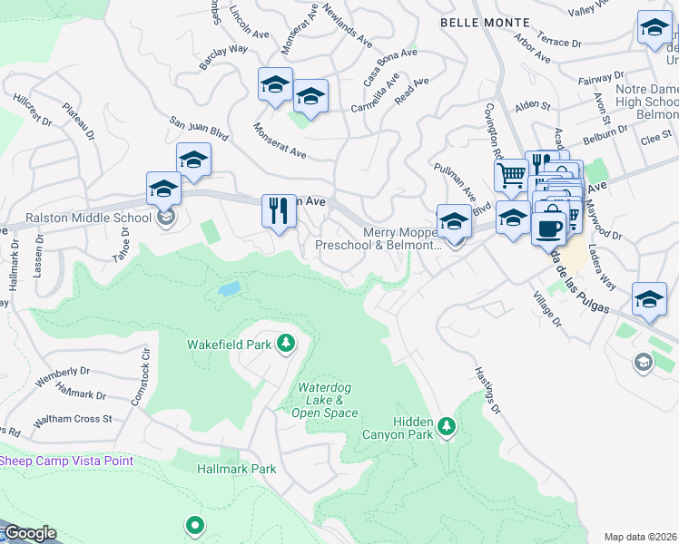 map of restaurants, bars, coffee shops, grocery stores, and more near 1048 Continentals Way in Belmont