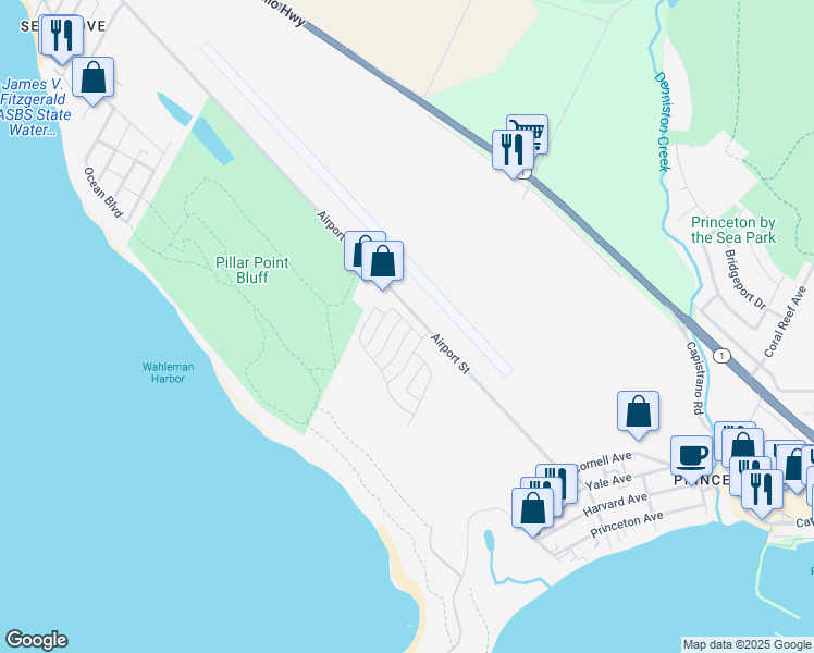 map of restaurants, bars, coffee shops, grocery stores, and more near 2 Airport Street in Half Moon Bay