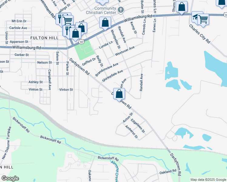 map of restaurants, bars, coffee shops, grocery stores, and more near 1550 Darbytown Road in Richmond