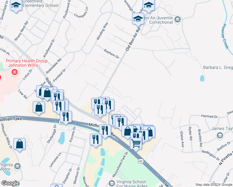 map of restaurants, bars, coffee shops, grocery stores, and more near 1145 Old Bon Air Road in Bon Air