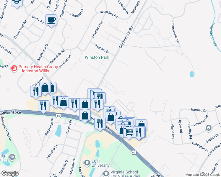 map of restaurants, bars, coffee shops, grocery stores, and more near 1145 Old Bon Air Road in Bon Air