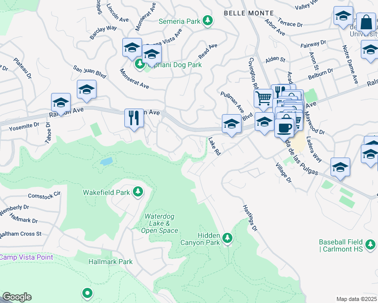map of restaurants, bars, coffee shops, grocery stores, and more near 1060 Continentals Way in Belmont