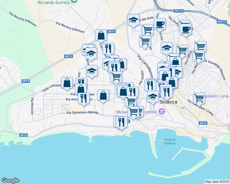 map of restaurants, bars, coffee shops, grocery stores, and more near Via Tiro a Segno in Sciacca