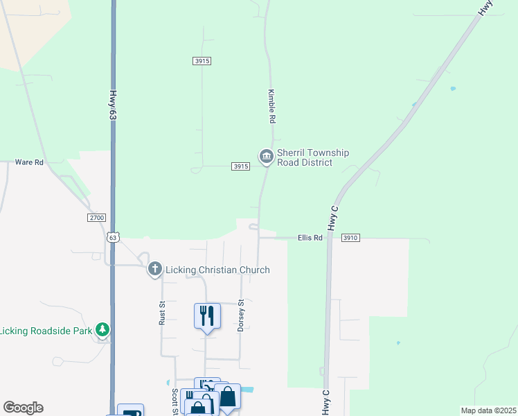 map of restaurants, bars, coffee shops, grocery stores, and more near Kimble Road in Licking