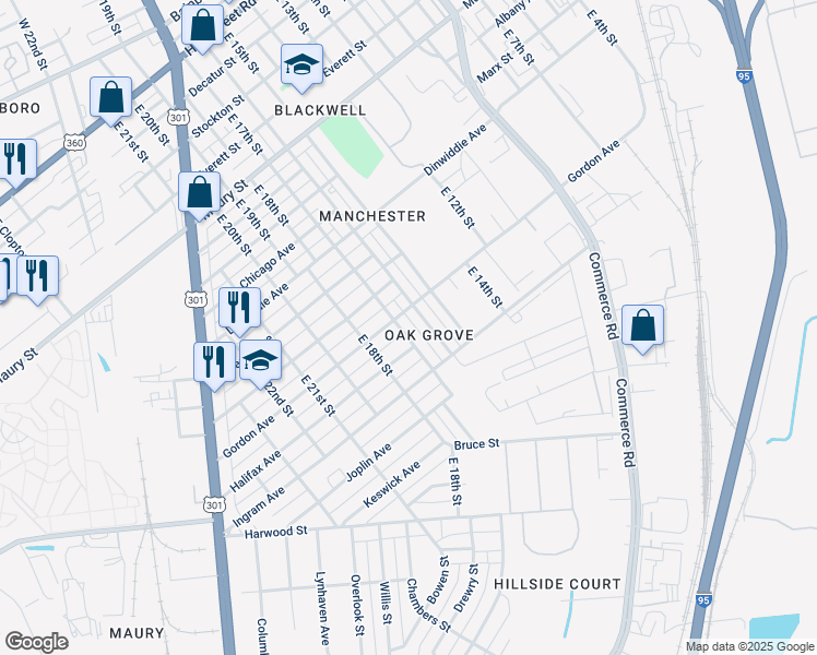 map of restaurants, bars, coffee shops, grocery stores, and more near 1104 East 17th Street in Richmond