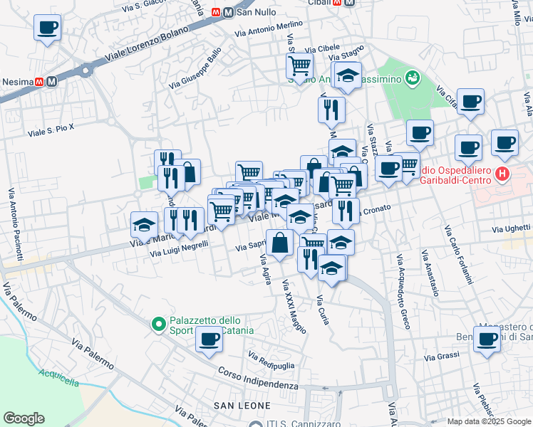 map of restaurants, bars, coffee shops, grocery stores, and more near 284 Viale Mario Rapisardi in Catania