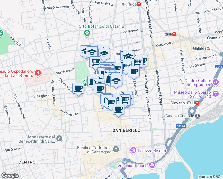 map of restaurants, bars, coffee shops, grocery stores, and more near 1 Via Al Carmine in Catania