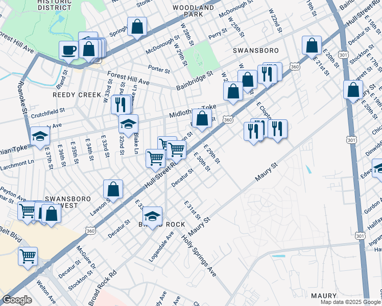 map of restaurants, bars, coffee shops, grocery stores, and more near 3002 Hull Street in Richmond