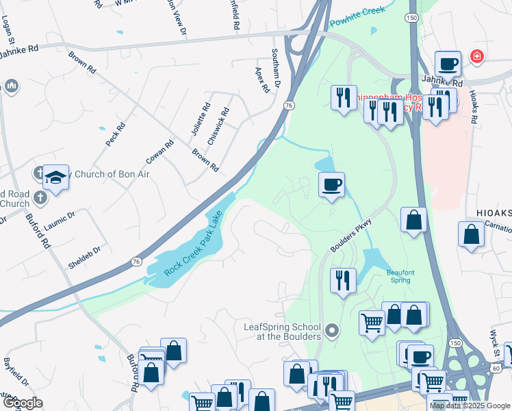map of restaurants, bars, coffee shops, grocery stores, and more near 7630 Redbud Road in Richmond