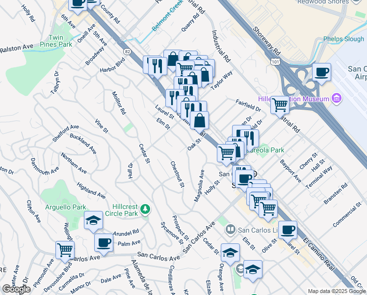 map of restaurants, bars, coffee shops, grocery stores, and more near 179 Elm Street in San Carlos
