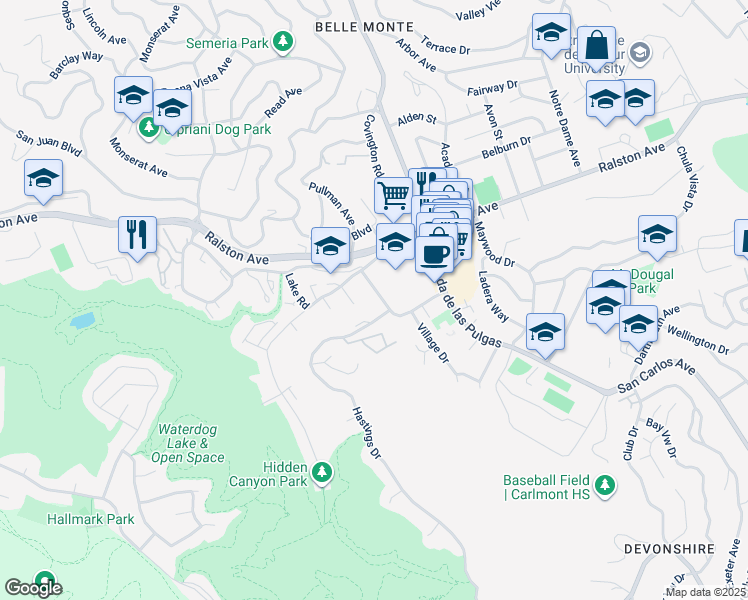 map of restaurants, bars, coffee shops, grocery stores, and more near 2180 Carlmont Drive in Belmont