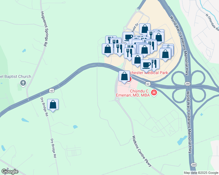 map of restaurants, bars, coffee shops, grocery stores, and more near 650 Watkins Center Parkway in Midlothian