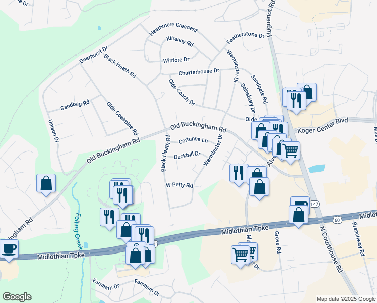 map of restaurants, bars, coffee shops, grocery stores, and more near 12000 Duckbill Drive in Midlothian