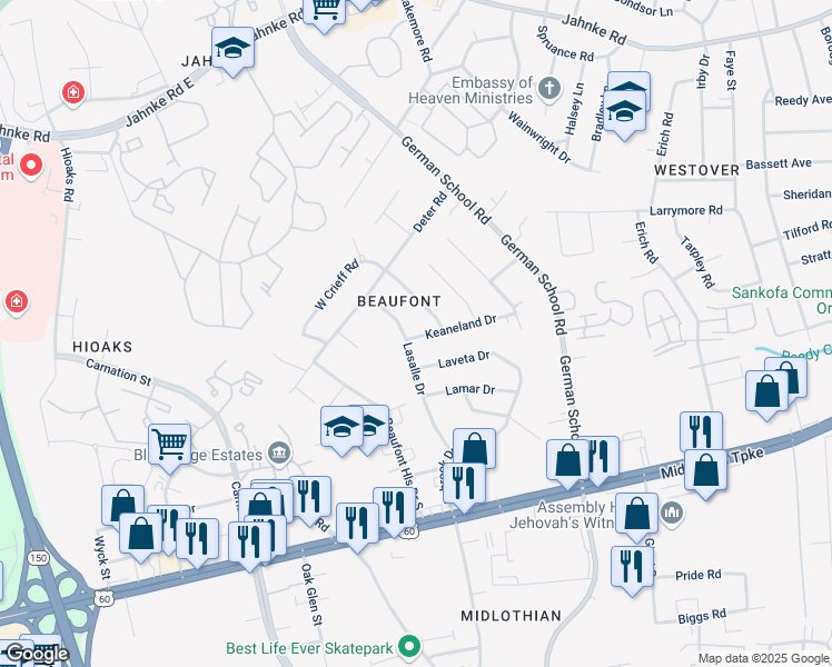 map of restaurants, bars, coffee shops, grocery stores, and more near 522 Crieff Road in Richmond