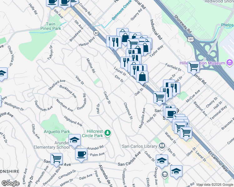 map of restaurants, bars, coffee shops, grocery stores, and more near 125 Chestnut Street in San Carlos