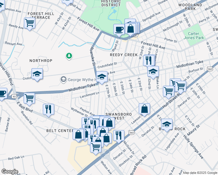 map of restaurants, bars, coffee shops, grocery stores, and more near in Richmond