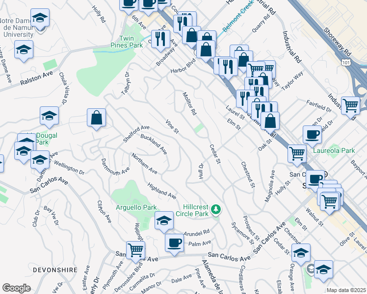 map of restaurants, bars, coffee shops, grocery stores, and more near 17 Hillcrest Road in San Carlos