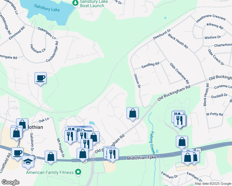 map of restaurants, bars, coffee shops, grocery stores, and more near 1537 Oldbury Road in Midlothian