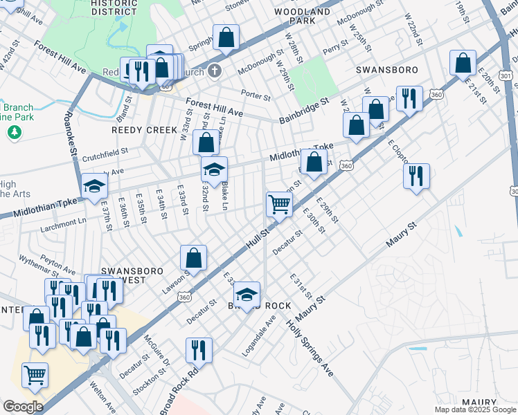 map of restaurants, bars, coffee shops, grocery stores, and more near 31 East 31st Street in Richmond