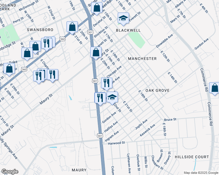 map of restaurants, bars, coffee shops, grocery stores, and more near 2102 Dinwiddie Avenue in Richmond
