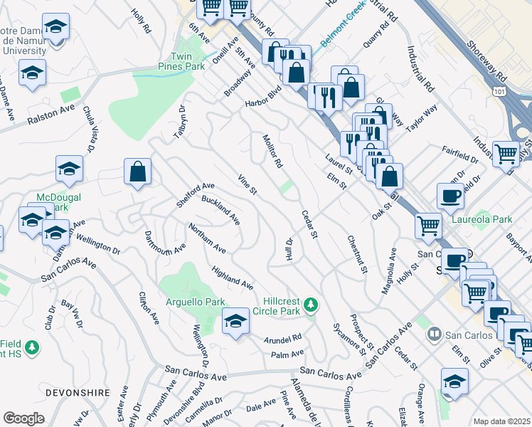 map of restaurants, bars, coffee shops, grocery stores, and more near 17 Hillcrest Road in San Carlos
