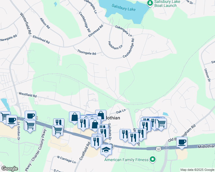 map of restaurants, bars, coffee shops, grocery stores, and more near 13500 Headwaters Place in Midlothian