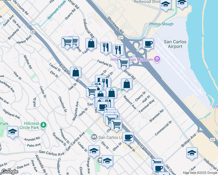 map of restaurants, bars, coffee shops, grocery stores, and more near 1023 Springfield Drive in San Carlos