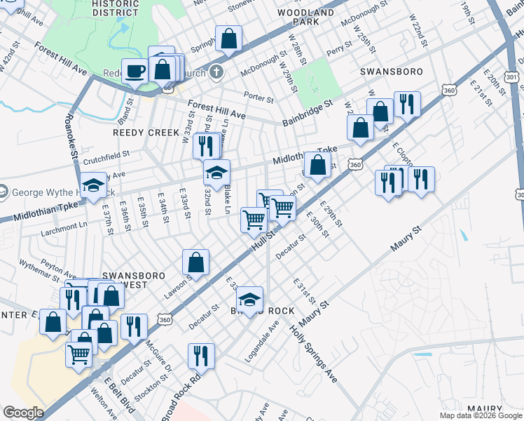 map of restaurants, bars, coffee shops, grocery stores, and more near 31 East 31st Street in Richmond