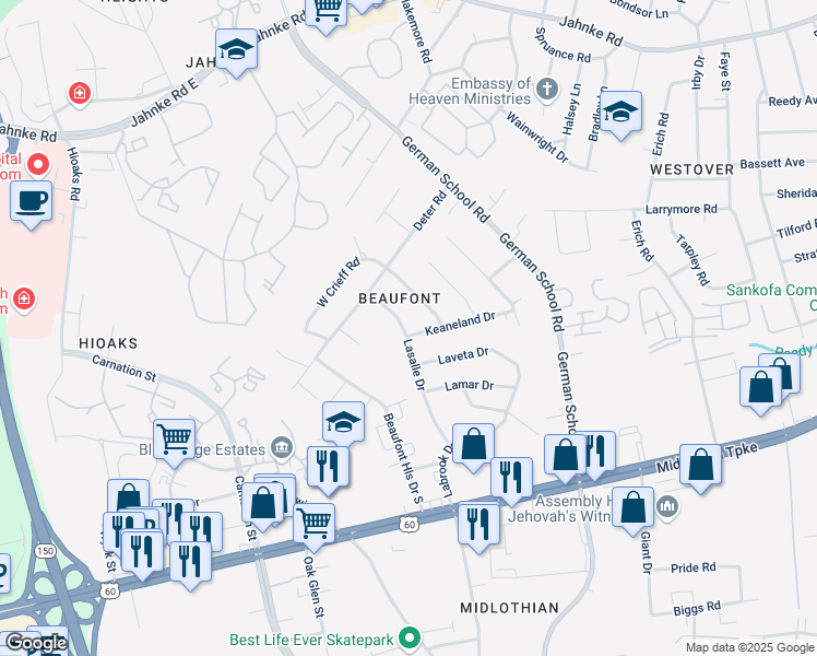 map of restaurants, bars, coffee shops, grocery stores, and more near 6226 Keaneland Drive in Richmond