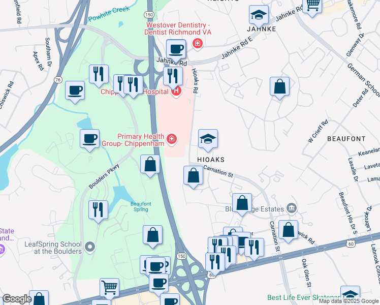 map of restaurants, bars, coffee shops, grocery stores, and more near 7000 Carnation Street in Richmond