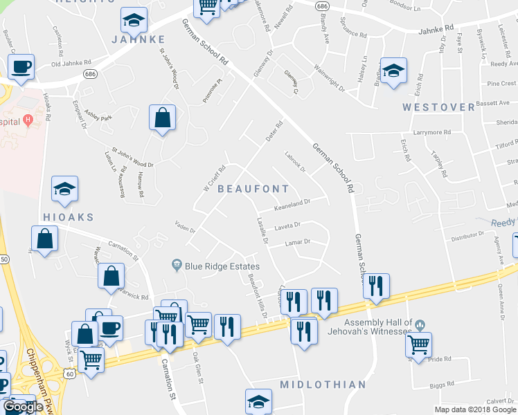 map of restaurants, bars, coffee shops, grocery stores, and more near 6226 Keaneland Drive in Richmond