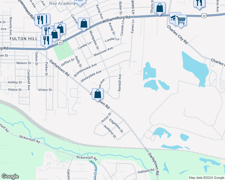 map of restaurants, bars, coffee shops, grocery stores, and more near 5613 Montpelier Street in Henrico