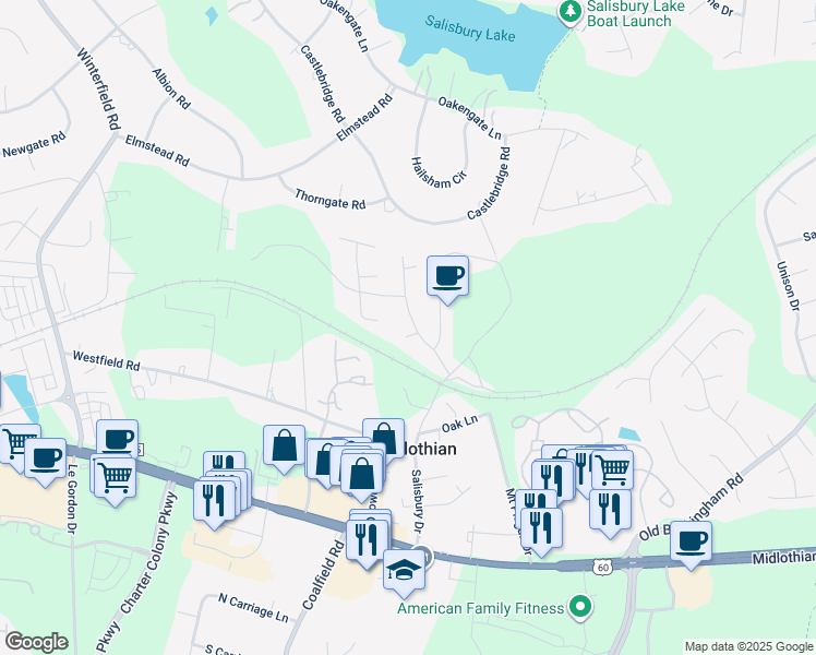 map of restaurants, bars, coffee shops, grocery stores, and more near 13500 Headwaters Place in Midlothian